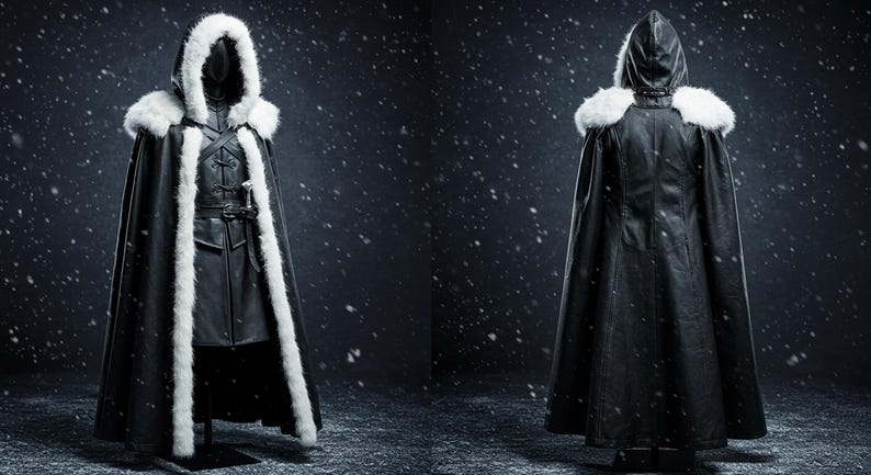 May include: A black hooded cloak with a white fur trim. The cloak is lined with a black fabric and has a long, flowing design. The cloak is shown on a mannequin against a dark background with a snowy effect.