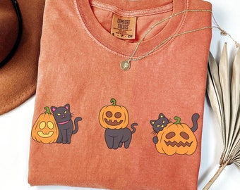 Cute cat halloween comfort colors cozy spooky shirt, spooky cute vibes, vintage fall, garment dyed cat lover gift, womens halloween shirt