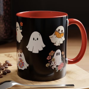 Geister-Party-Becher, Halloween-Kaffeebecher, Housewarming Geschenk, Bücherwurm Geistergeschenk, gruselige Vibes, niedlicher Halloween-Becher, Herbstbuch-Kaffeebecher,