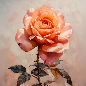 Puede incluir: Una sola rosa de color melocotón con tallo y hojas verdes sobre un fondo beige claro. La rosa está pintada en un estilo realista con pinceladas visibles.