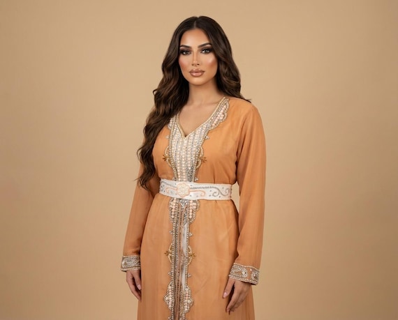 Elegant Beige Moroccan Kaftan, Embellished Dubai Style Maxi Dress, Eid Outfit, Modest Wear Gown