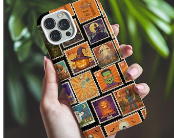 May include: A Halloween-themed phone case featuring a collage of vintage-style postage stamps. The stamps depict classic Halloween imagery, including pumpkins, skeletons, and ghosts, set against an orange and black background. The case is designed to fit a smartphone.