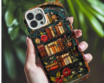 Stained Glass Bookshelf Phone Case: Book Lover's Gift