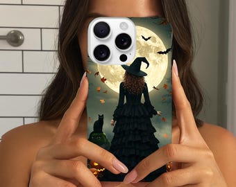 Witch Halloween Phone Case: Gothic Black Cat, Full Moon iPhone Cover