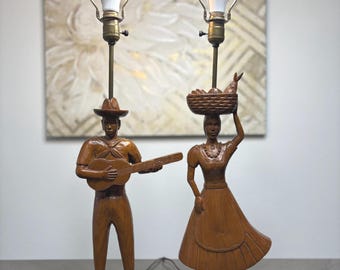 Vintage Hand Carved Wooden Table Lamps (2)