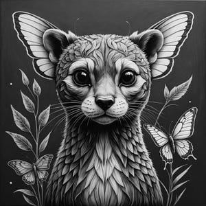 May include: Black and white illustration of a cat-like creature with butterfly wings and intricate feather-like fur. Two butterflies and leafy sprigs are also featured against a dark background. The artwork is detailed and whimsical.