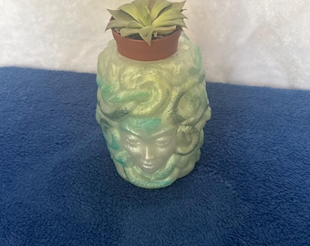 Medusa Resin Planter – Green Snake Hair & Silver Face Mythical Pot