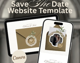 Old Money Save The Date Wedding Website Template: Classic Gold Digital Envelope Invitation, Canva DIY