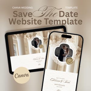 Classic Ivory Save The Date Website Template: Elegant Digital Wedding Invitation (Canva)