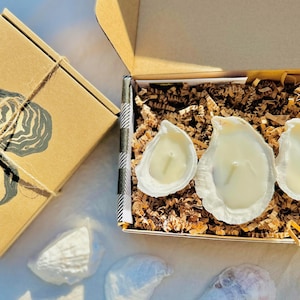 May include: A gift set of three oyster shell candles in a cardboard box. The candles are white and nestled in shredded paper. The box is tied with twine and has an oyster shell design on the lid.