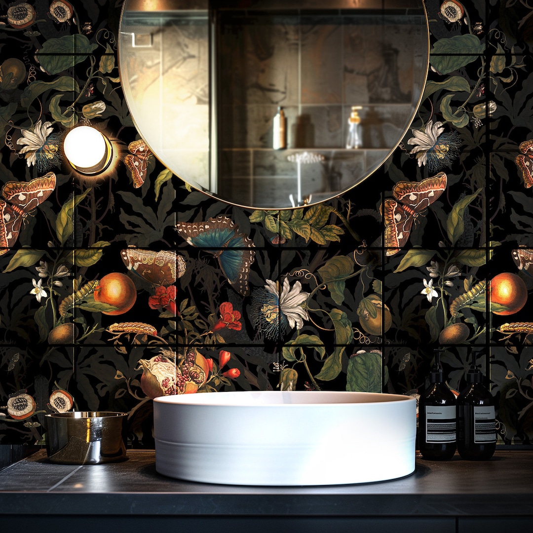 Dark Botanical Ceramic Tile Mural. Mosaic With Butterflies. Wall Decor ...