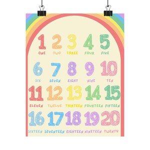 Póster vertical, crayones para niños del 1 al 20, hoja de conteo con diseño de arcoíris, impresión artística mate para pared, decoración de guardería, póster de aprendizaje para niños pequeños.