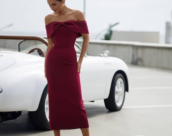 Off Shoulder Bow Midi Dress | Elegant Black Cocktail Dress | Bridal Rehearsal Gown | Classic Vintage Inspired Look | Noémi Luxury Couture