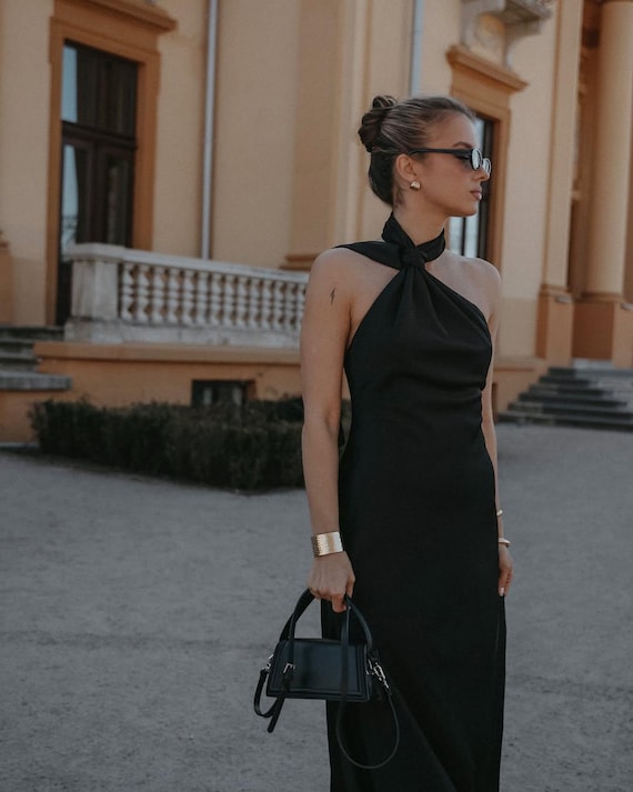 Black Satin Halter Maxi Dress | Open Back Evening Gown - Etsy New Zealand