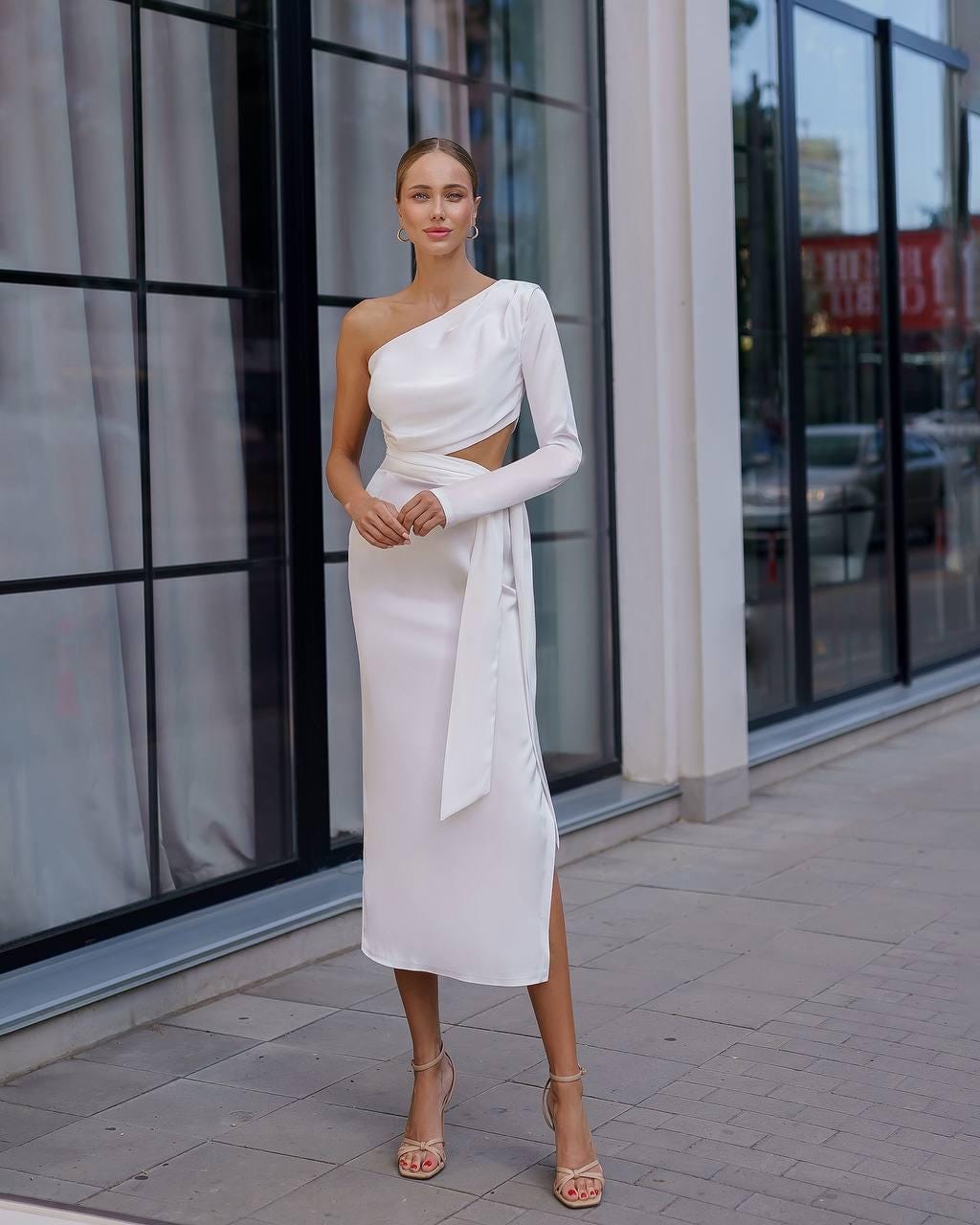 one shoulder cut out white dress Satin Cut-Out | Elegant Evening Midi Dress | Black & Milky Formal Dress | Asymmetrical Party Dress Eda Slip Dress - just step in and dress with cape Fit:Tailored Maxi dress