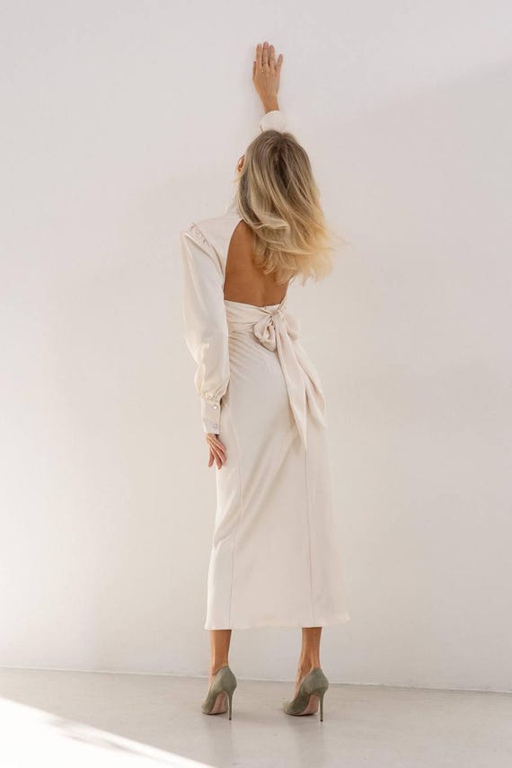 Open-Back Satin Midi Dress | Long Sleeve Evening Gown