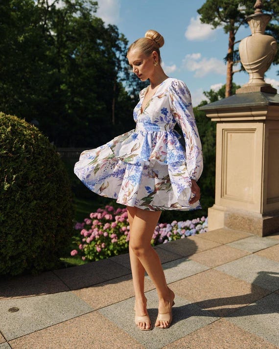 Floral Ruffle Mini Dress | Elegant Long Sleeve Summer Dress | Cottagecore  Garden Dress | Feminine Wedding Guest Dress | Sicily Dress Noem - Etsy  Israel