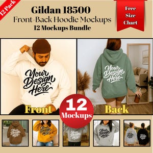 Hoodie Mockup bundle, Gildan 18500 front-back bundle, Gildan 18500 hooded mocks, G185 print-on-demand, high quality POD hoodie shirt Mockups