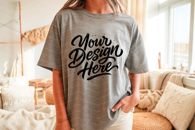 May include: A gray t-shirt with the text "Your Design Here" in a black, cursive font. The shirt is a relaxed fit and has short sleeves. The model is wearing white pants. The background is a cozy living room setting.
