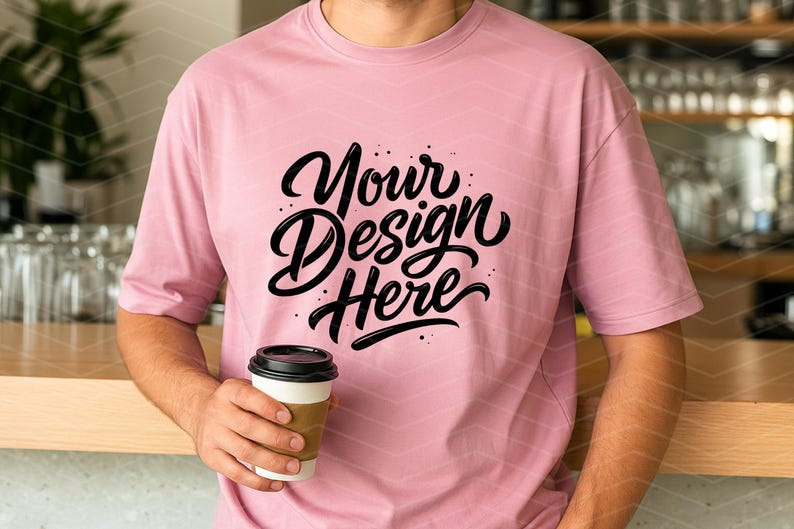 May include: A light pink t-shirt with the text "Your Design Here" in black script. The person is holding a white coffee cup with a brown sleeve. The background includes a wooden counter and a blurred interior.