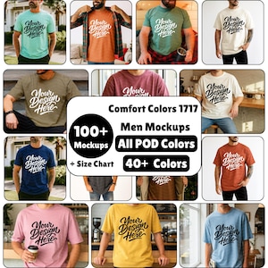 May include: A collection of t-shirt mockups in various colors, including green, blue, and pink. Each shirt features the text "Your Design Here" in a script font. The image also includes text indicating "Comfort Colors 1717" and "100+ Mockups".
