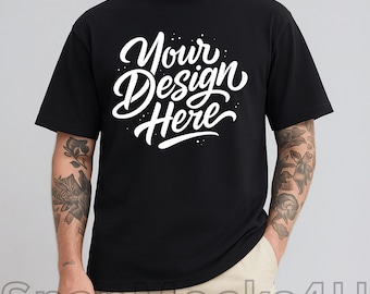 Black Gildan 5000 T-Shirt Mockup: Trendy Boho Tee, Printful POD