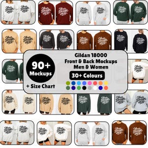 Może przedstawiać: Kolekcja bluz Gildan 18000 w różnych kolorach, prezentowana jako makiety. Obraz przedstawia widoki z przodu i z tyłu, z tekstem "Your Design Here" wydrukowanym na każdym. Obraz zawiera również tabelę rozmiarów i paletę kolorów.
