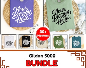 Pacchetto mockup di magliette Gildan 5000: piegate e distese (download digitale)