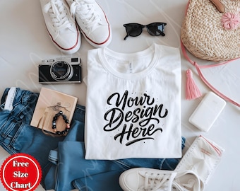 Comfortkleuren 1717 wit mock-up, mock-up gevouwen flatlay T-shirt, eenvoudig gestileerd plat liggend T-shirt mock-up, 1717 wit gevouwen T-shirt mock-up
