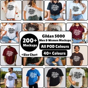 May include: A collection of t-shirt mockups in various colors and styles, featuring the text "Your Design Here." The image includes mockups for men and women, with a size chart and over 40 colors available.