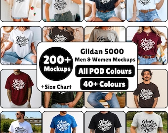 Pacchetto mockup Gildan 5000, Pacchetto maglietta Gildan 5000, Pacchetto mockup maglietta Gildan 5000, Modello fronte retro mockup accesso a vita uomo donna