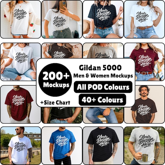 Gildan 5000 Mockup Bundle, Bundle Gildan 5000 Shirt, Gildan 5000 shirt mockup Bundle, Model Front Back Mockup Lifetime Access man women