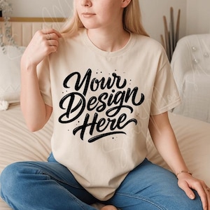 Gildan 64000 Sand T-Shirt Mockup: Real Model, Simple Style (PNG Digital Download)
