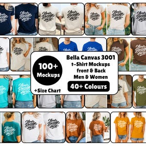 May include: A collection of Bella Canvas 3001 t-shirt mockups in various colors, showcasing front and back designs. The image includes the text "Your Design Here" on the shirts, with a graphic indicating over 100 mockups and 40+ colors.