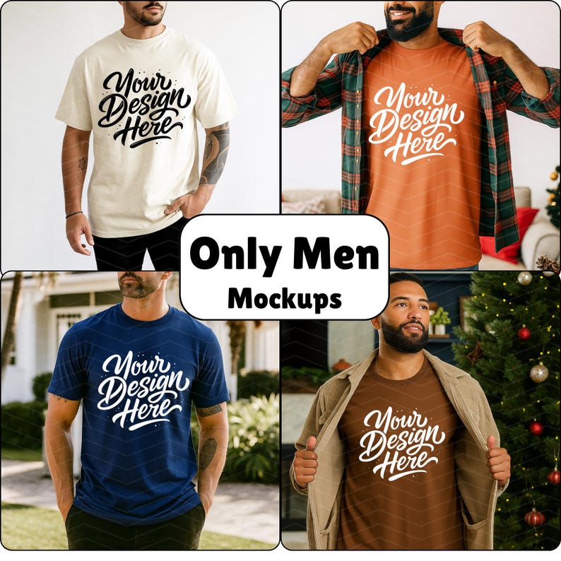 May include: A collage of four t-shirt mockups in various colors: cream, orange, navy blue, and brown. Each shirt features the text "Your Design Here" in a stylized script. The image includes the text "Only Men Mockups" in a white box.
