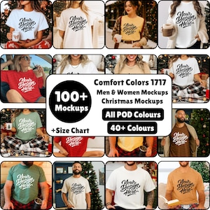 May include: A promotional image showcasing various t-shirts with the text "Your Design Here" in a script font. The image highlights mockups for men and women, Christmas themes, and a wide range of colors, including "Comfort Colors 1717".