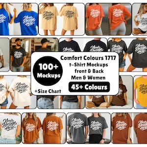 以下が含まれることがあります： さまざまな色とスタイルのTシャツモックアップのコレクション。画像には、「Your Design Here」というテキストがプリントされた複数のTシャツが表示されています。画像には、「Comfort Colours 1717」、「100+ Mockups」、「Men & Women」、「45+ Colours」というテキストも含まれています。