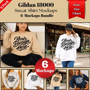 Gildan 18000 Sweatshirt Mockup Bundle: Real Model, POD (Digital Download, 6 PNGs)