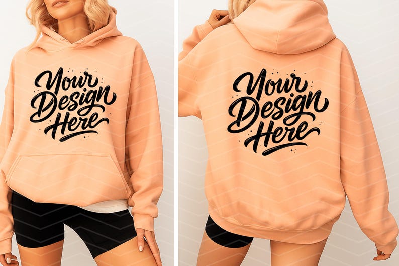 May include: Peach-colored hoodie with a front pocket and hood. The front and back of the hoodie feature the text "Your Design Here" in a black, stylized font. The hoodie is worn with black shorts.