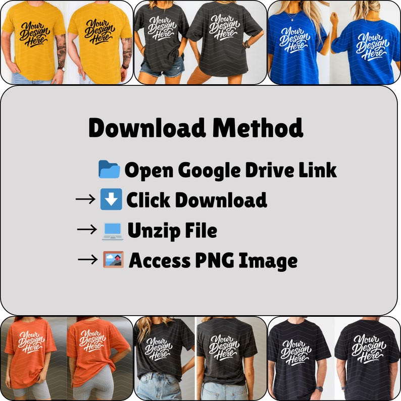 May include: A collection of t-shirts in various colors, including yellow, gray, blue, and orange, each featuring the text "Your Design Here" in a script font. The image also includes instructions for downloading a PNG image.