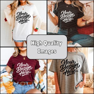 May include: A collage of four t-shirts in different colors: white, black, burgundy, and gray. Each shirt features the text "Your Design Here" in a cursive font. The image is framed by a gray rectangle with the words "High Quality Images".