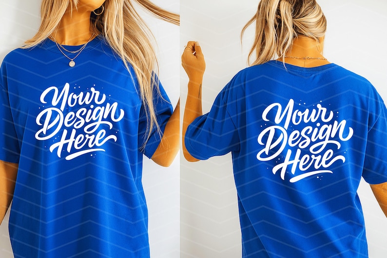 May include: A royal blue t-shirt with the text "Your Design Here" in white script on the front and back. The shirt has a relaxed fit and a subtle chevron pattern.