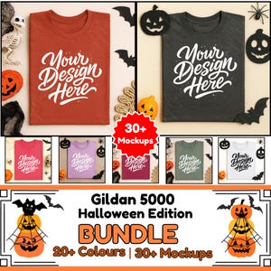 Puede incluir: Una colección de maquetas de camisetas en varios colores, incluyendo naranja, gris, rosa, morado, burdeos y verde. Cada camiseta muestra el texto "Your Design Here". Decoraciones temáticas de Halloween rodean las camisetas.