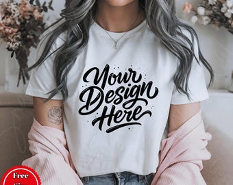 Bella Canvas 3001 White T-Shirt Mockup: Boho Model (PNG Digital Download)