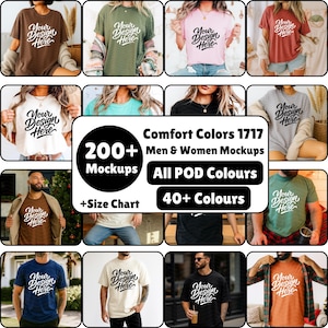 Puede incluir: Un collage de maquetas de camisetas en varios colores, cada una con el texto "Your Design Here" en una fuente estilizada. La imagen incluye un gráfico central con texto que indica "200+ Mockups", "All POD Colours" y "40+ Colours".