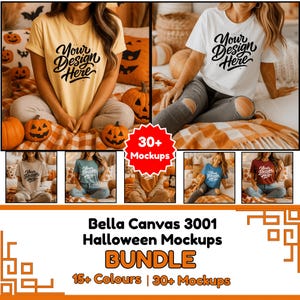 Puede incluir: Una maqueta con una mujer que lleva una camiseta amarilla con el texto "Your Design Here" y una camiseta blanca con el texto "Your Design Here". La imagen incluye calabazas y el texto "Bella Canvas 3001 Halloween Mockups BUNDLE".