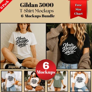 Gildan 5000 T-Shirt Mockup Bundle: Front View, Size Chart (Digital Download)