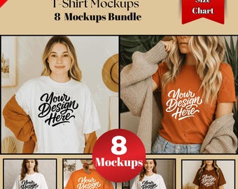 Gildan 5000 T-Shirt Mockup Bundle: 8 PNG Images with Size Chart (Digital Download)