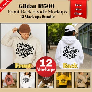 Gildan 18500 front-Back Mockup Bundle, Men Women Hoodie front-back Mockup Gildan Hooded Sweater Print on demand Hoodie POD Mockup y2k Bundle