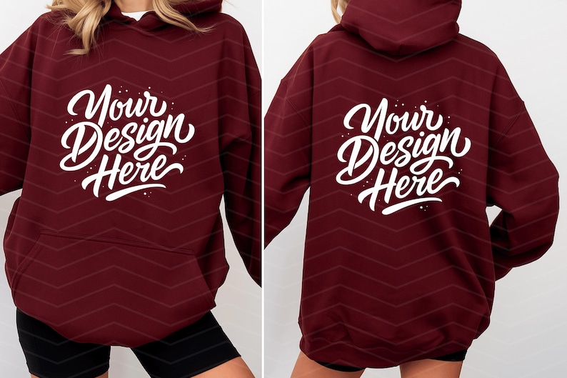 May include: Burgundy hoodie with the text "Your Design Here" in white script on the front and back. The hoodie has a front pocket and a hood. The background has a subtle chevron pattern.